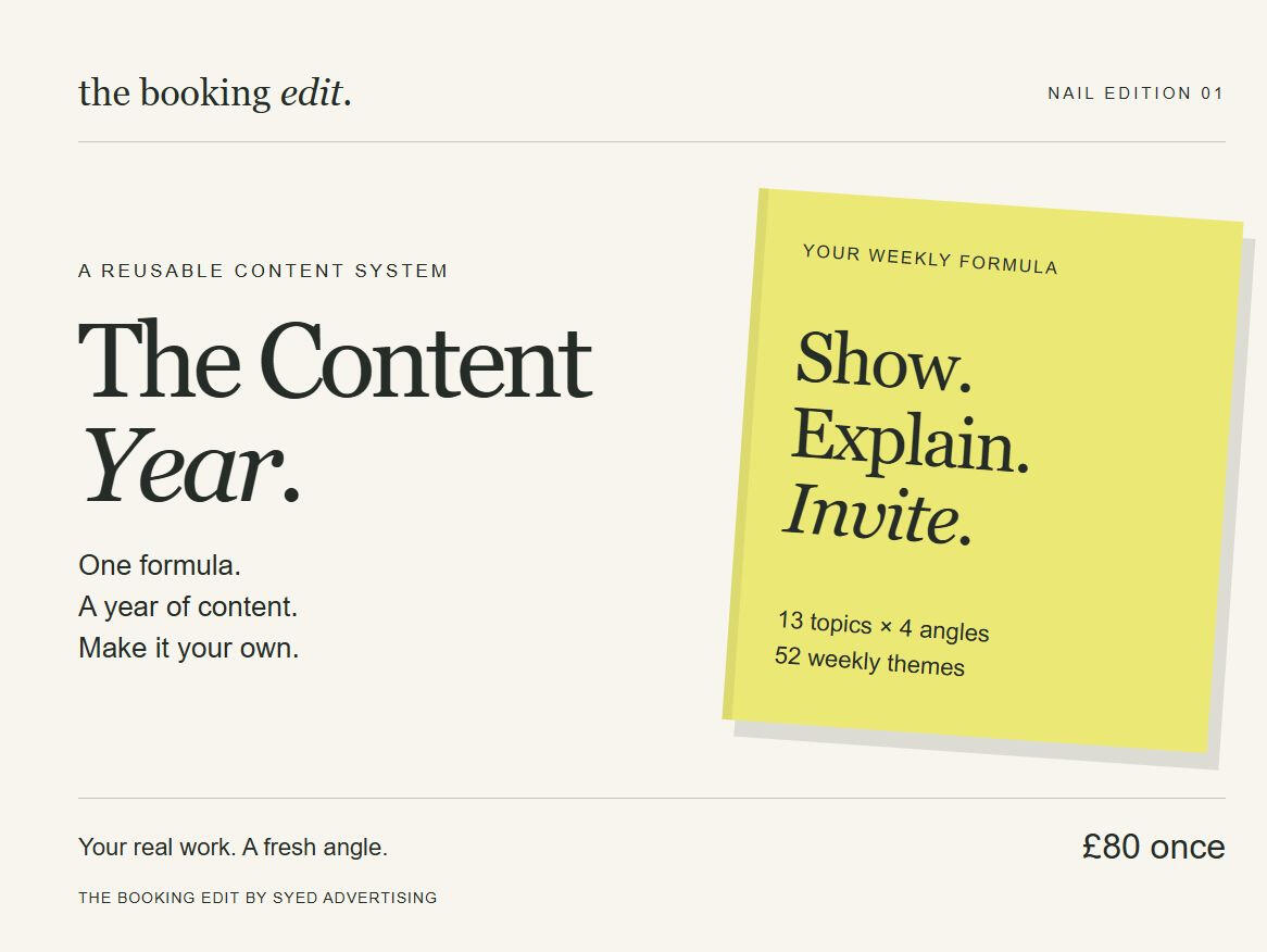 The Content Year, Nail Edition 01: 13 topics, four angles and 52 weekly themes. Planned price £80 one-off.